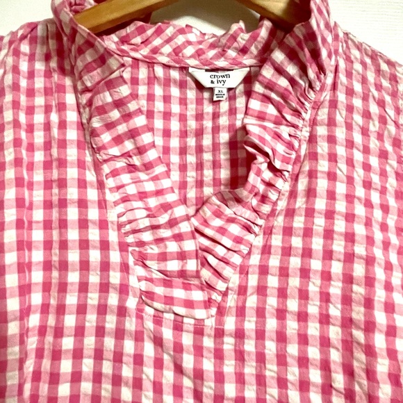 Crown & Ivy Pink Gingham Sleeveless Ruffle Neck Blouse XL - Picture 4 of 4